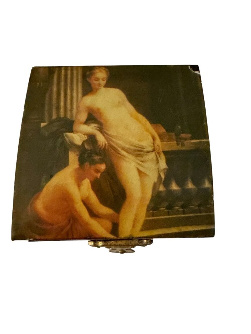 Vintage Lacquered Wood Classical Art Jewelry Trinket Box Red Satin Lined